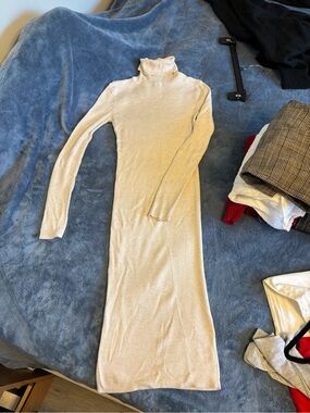 Express Ribbed Sweater Turtleneck Midi Dress - Cream